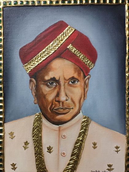 A customized oil painting of Sir C.V. Raman, to which I've added a traditional touch with a Tanjore-style frame. This shows how different art forms can be blended.