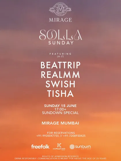 The poster for 'Solila Sunday' at Mirage, Mumbai. The warm, sunset gradient perfectly captures the mood of a sundown special.
