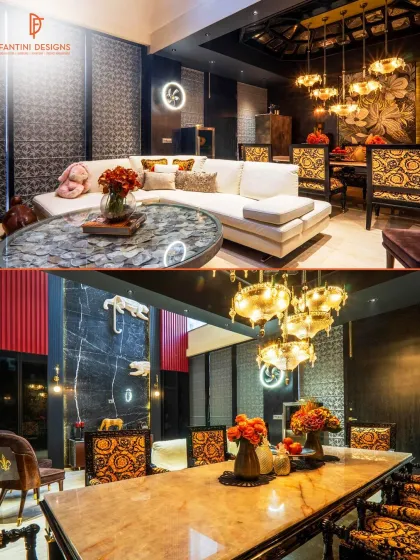 This collage shows the living and dining areas of our opulent project. We used a dark, moody palette with gold accents to create a sense of drama and luxury.