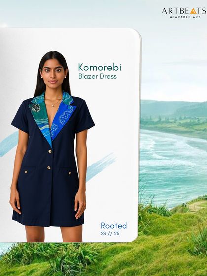 The Komorebi Blazer Dress, a piece designed for those who lead with grace. The artistic collar, inspired by the Komorebi print, adds a touch of landscape artistry to a classic silhouette.