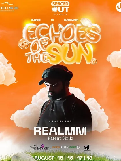 The poster for 'Echoes of the Sun' in Goa, another event from a packed weekend. The dreamy, orange-cloud design perfectly suits a sunrise to sundowner party.
