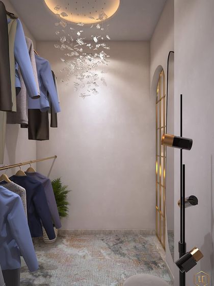 Another view of the minimalist walk-in closet, showing the full-length mirror and the elegant, uncluttered layout.