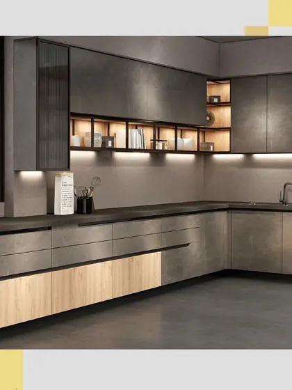 Another view of the L-shaped modern industrial kitchen, demonstrating how the open shelving and under-cabinet lighting create a functional and inviting workspace.