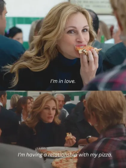 "I'm in love. I'm having a relationship with my pizza." We captured this iconic Eat Pray Love moment to promote our screening, because we believe in celebrating the pure joy that comes from a perfect bite.