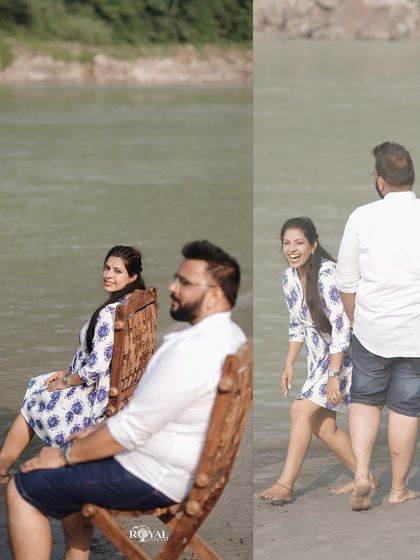A diptych showing candid moments from a maternity shoot, including a genuine laugh and a quiet moment of the couple sitting by the river, reflecting the authentic feel of my sessions.
