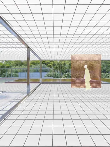 A conceptual rendering that explores the idea of a completely fluid, transparent space. Inspired by modernist pavilions, this image uses a simple grid to define a universal space where interior and exterior merge, punctuated only by reflective sculptural elements.