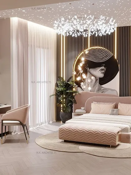 When pink is your client's favorite color, we make it modern and luxurious. This room blends pink and grey with a bold painting, a starry-sky ceiling, and a dedicated study area for a sophisticated yet fun space.