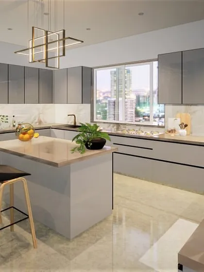 A pristine island kitchen where simplicity meets sophistication. This design features subtle grey cabinetry in back-painted glass with a black aluminum profile, creating an airy and elegant space perfect for cooking and gathering.