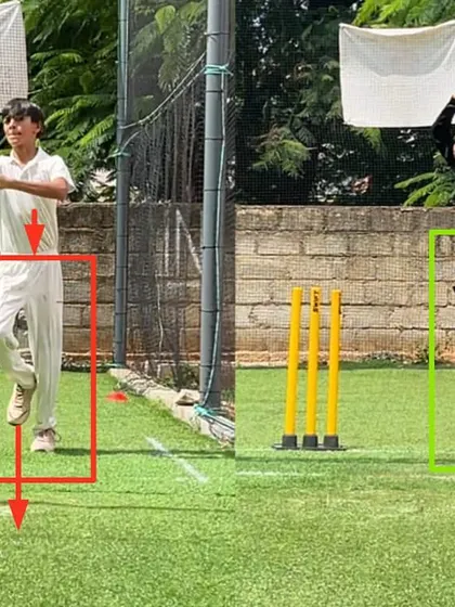 In just 10 sessions, we addressed this leg-spinner's collapsed body and lack of stability. The 'after' shot shows a much-improved jump and a stable hip position.