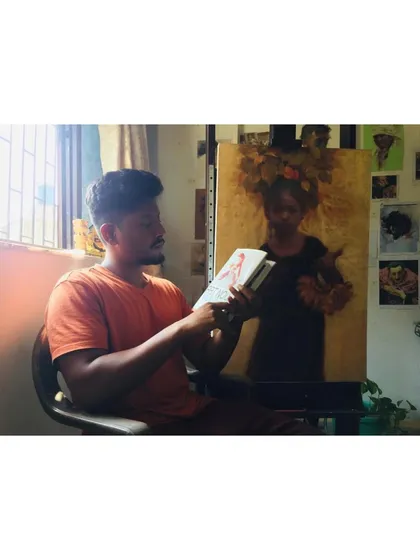 Here I am in my studio with the "Hope of Innocent Flowers" painting. This image shows the scale of the work and provides context for the long hours of research and painting that go into each narrative piece.