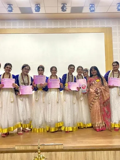 The winning team! The dancers holding their certificates after securing first place in the Sahodaya Kathak dance competition. I'm so proud to have provided their beautiful costumes.