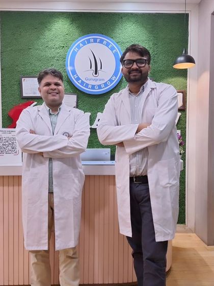 Here I am with my colleague, Dr. Manish Jangra. We believe in a team-based approach to provide comprehensive dermatological and hair restoration care at our Gurugram center.