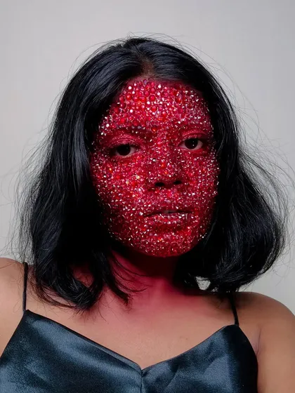 A close-up of my Doja Cat-inspired rhinestone look. The texture and sparkle are just incredible in person.