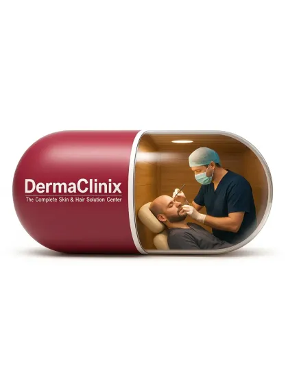 A creative visual representing our clinic as a "capsule of confidence." We are a one-stop solution for all your skin and hair needs, providing expert care and transformative results.