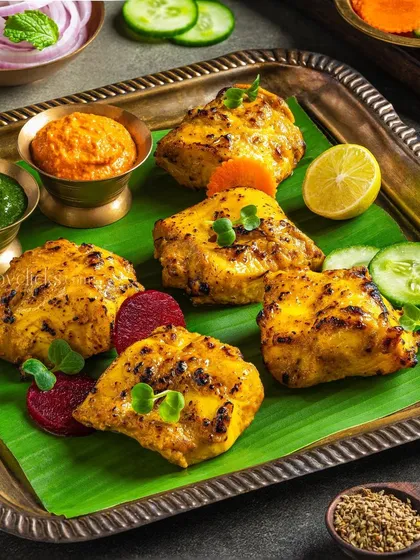Malai Fish Tikka on a banana leaf. The contrast of colors and textures makes this a visually striking image for The Mughal House's menu.