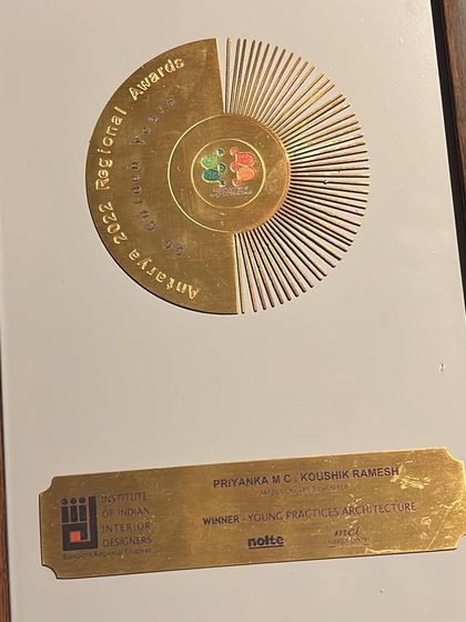 A close-up of our Antarya 2022 Regional Award for "Young Practices Architecture." We are so grateful to IIID Bangalore and Designuru for this honor.