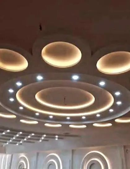 This design is perfect for a large auditorium or event space. It features a central circular element surrounded by smaller, glowing ovals.