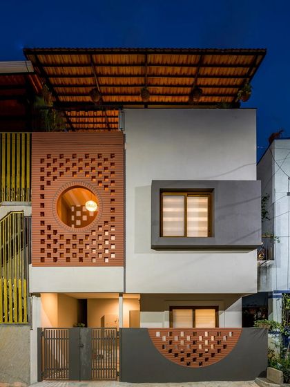 The Mathrukrupa residence, as featured in a publication, showcasing its unique facade.