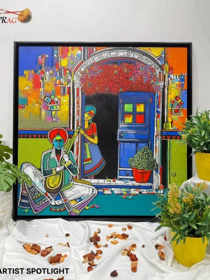 An artist spotlight shot of a Girish Adannavar painting, showing a musician at a colorful doorway, capturing a moment of cultural welcome.