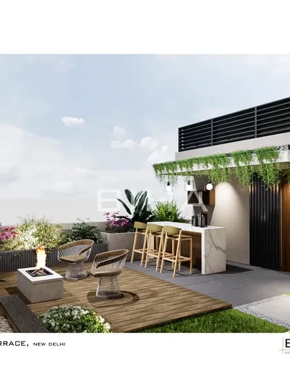 Another perspective of the "102 Terrace" project, focusing on the custom bar and fire pit area. The design uses a mix of materials and hanging greenery to create a relaxed, resort-like atmosphere perfect for social gatherings.