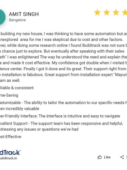 This detailed review from a Bangalore client highlights our reliable products, time-saving features, and cost-effective solutions. He praises our team, from sales to installation, for their excellent support and user-friendly interface.