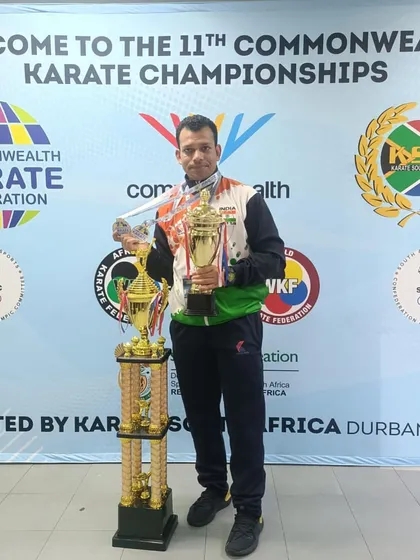 An Indian athlete with his trophies from the 11th Commonwealth Karate Championship in Durban. This is the level of success we strive for.