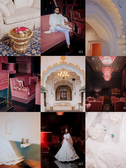 A collage of the luxurious red and gold decor and portraits from a royal engagement ceremony in Patiala.
