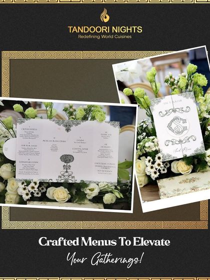 We craft bespoke menus to elevate your gatherings. For this Roman-themed event, we designed a beautiful menu card that matched the elegant decor.