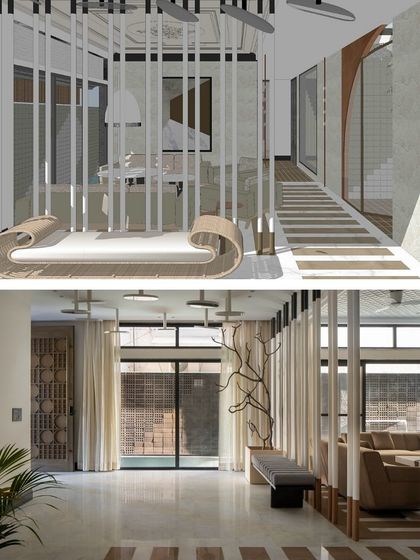 A collage showing the design process of the foyer, from initial sketches to the final built form. The mirror installation was meticulously planned to reflect the brick facade, piano flooring, and water feature.
