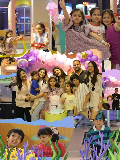 More magical moments from the mermaid-themed birthday party. The collage shows kids playing, families celebrating, and everyone enjoying the underwater wonderland.