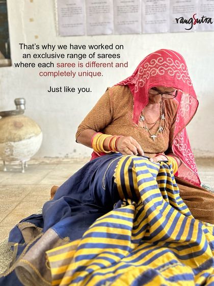 This is why we have worked on an exclusive range of sarees where each one is different and completely unique. Just like you. Here, an artisan embroiders a handwoven saree.