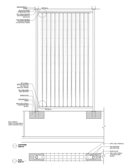 A technical detail drawing of the mounting system for the terracotta jaali facade. This shows the careful engineering required to execute our innovative design concepts.