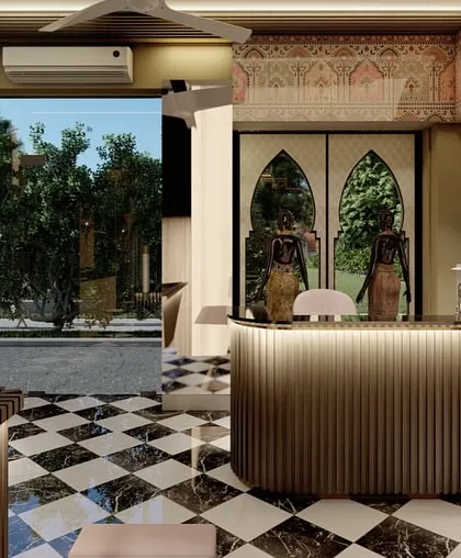 A 3D render showing the reception and entrance of a ladies' wear boutique concept. The design uses traditional arched windows and fluted counters to create an elegant, welcoming atmosphere.