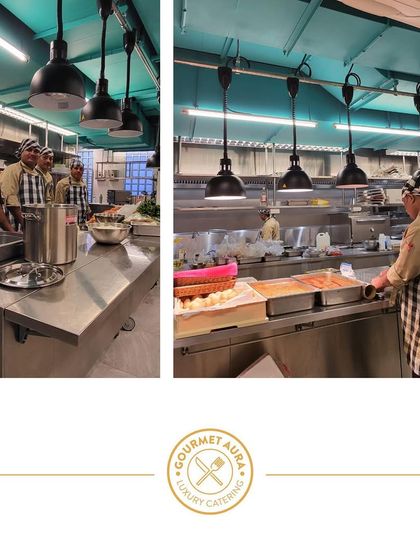 A glimpse into our professional kitchen, where our team works with precision and coordination to prepare for a large-scale event.