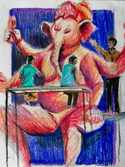 Another perspective on the creation of a Ganpati idol, this time focusing on the scale of the murti compared to the artisans working on it. A coloured pencil sketch celebrating the makers.