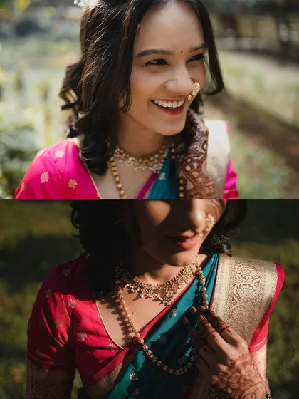 A diptych of bridal portraits, one showing a bright, happy smile and the other a more demure, artistic shot with shadows.