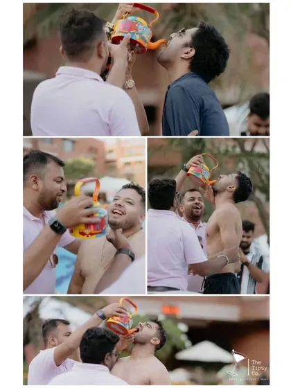 A collage of guests enjoying shots from a colorful kettle at a pool party. It's a fun, casual, and interactive way to serve drinks in a relaxed setting.