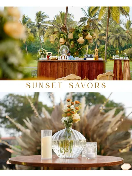 A collage of details from a boho-themed sundowner in Goa, featuring a rustic bar and simple, elegant table centerpieces.