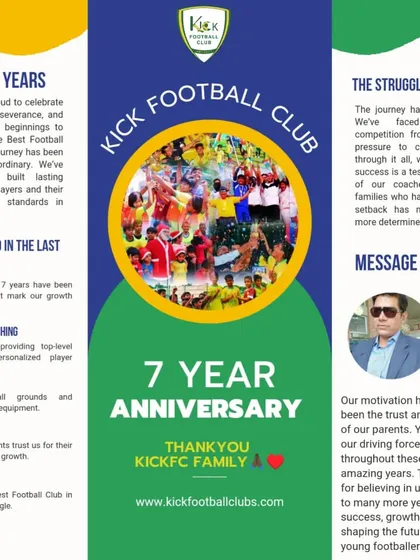 Celebrating 7 years of Kick Football Club. This brochure highlights our journey, achievements, and the message from our CEO.