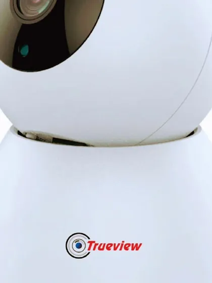 A close-up look at the Trueview smart Wi-Fi camera, showing its clean design and quality build. This compact device fits perfectly in any home environment.