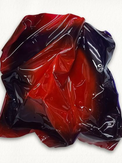 A studio shot of the red and blue polycarbonate sculpture, highlighting its organic, fabric-like folds.