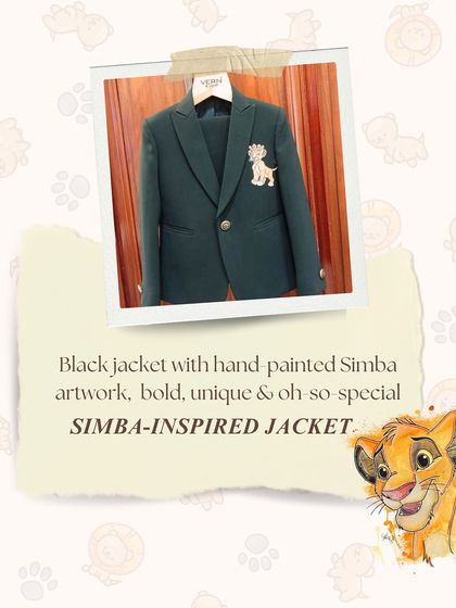 A Simba-inspired jacket for a little king. This design features hand-painted Simba artwork, making it a bold, unique, and oh-so-special piece.