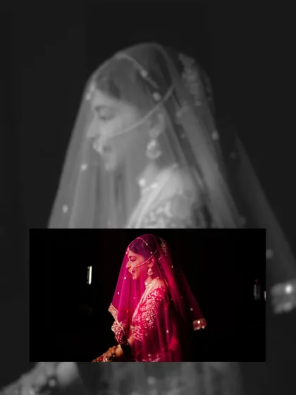 A creative edit of Divya's bridal portrait. The blend of a sharp color image over a soft black and white background creates a dreamy and artistic effect.