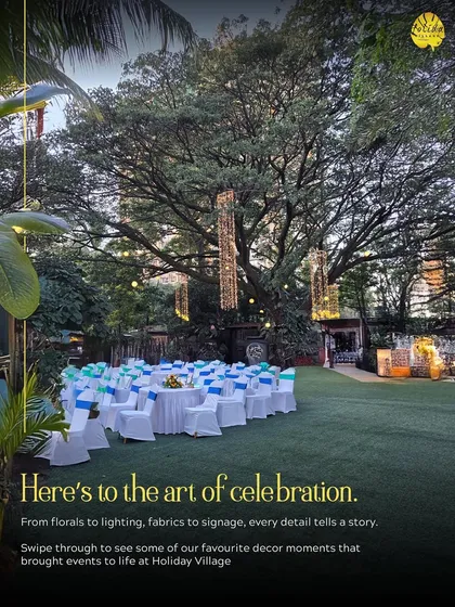 Our expansive lawn provides a grand canvas for celebrations. Here, a simple seating arrangement is elevated by the dramatic backdrop of our ancient tree and hanging lights.