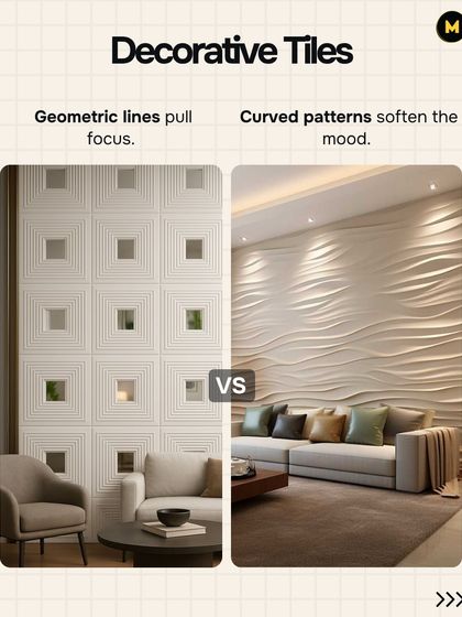Decorative tiles can set the mood. Geometric lines pull focus and create a structured feel, while curved, wavy patterns can soften the mood and add a sense of calm.