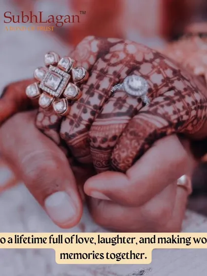A detailed shot of a couple holding hands, highlighting the bride's intricate mehndi and stunning ring. We wish a lifetime of love and wonderful memories for every couple we match.