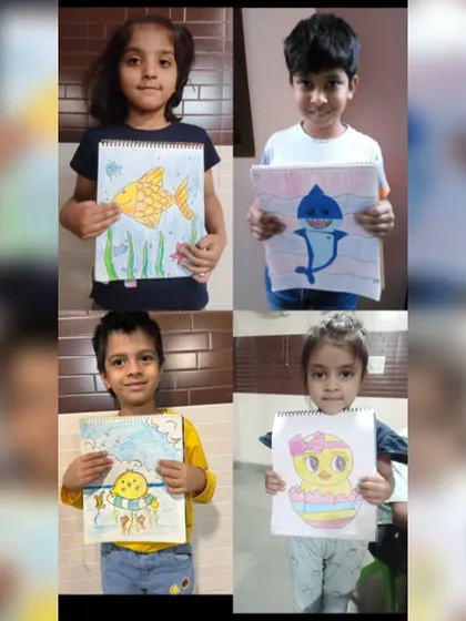 A collage of my students' underwater-themed art, featuring a friendly fish, a baby shark, and a cheerful chick in a floaty.