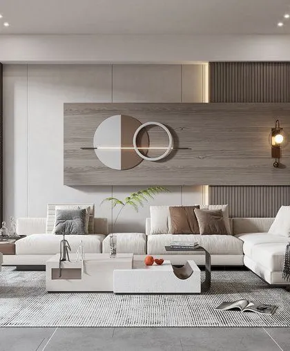 This modern living room features a unique wall-mounted art piece above the console, combining wood paneling with geometric circles. The design uses a neutral color palette and clean lines for a sophisticated, uncluttered look.