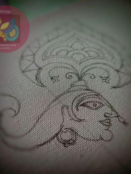 A close-up of the pencil sketch of Venugopala's face, showing the detail in his expression and headdress.
