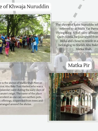 A collage showing the shrines of Matka Pir and Khwaja Nuruddin, Sufi saints from the early Mughal period. These sites highlight the rich spiritual tapestry of the area around Purana Qila.